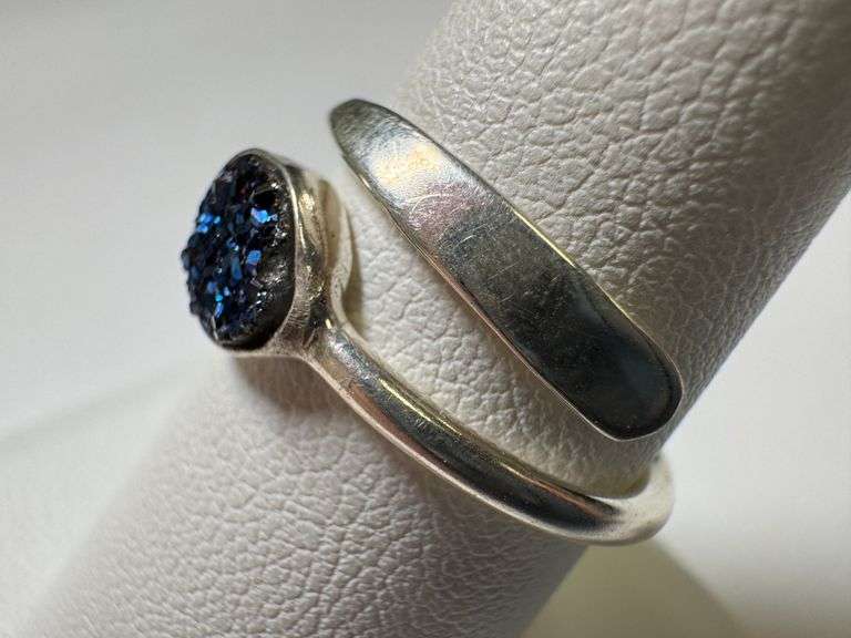 Sterling Silver 925 Titanium Coated Druzy Agate Crystal Stone Ring Adjustable Spoon Band