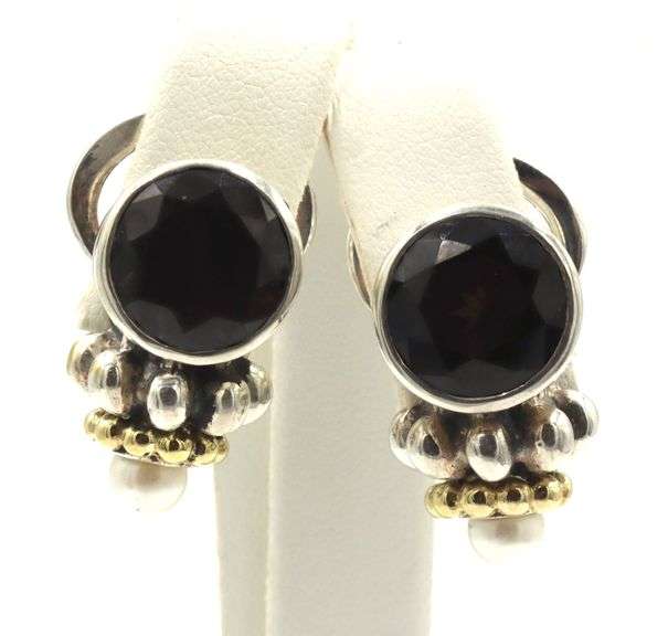 Lagos Caviar smokey quartz and pearl 2 tone earrings