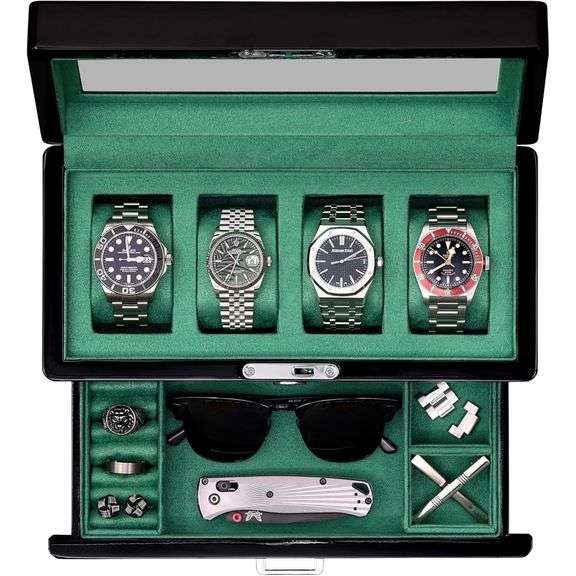 Piano Black Watch Display Case with Glass Lid & Valet Drawer