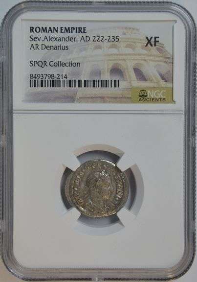 Bold NGC XF Roman Silver Denarius of Severus Alexander, 222-235 AD