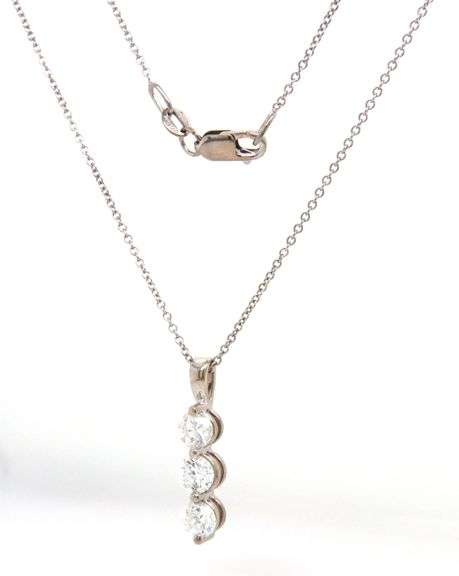 14kt White gold 1ctw three stone diamond pendant on chain