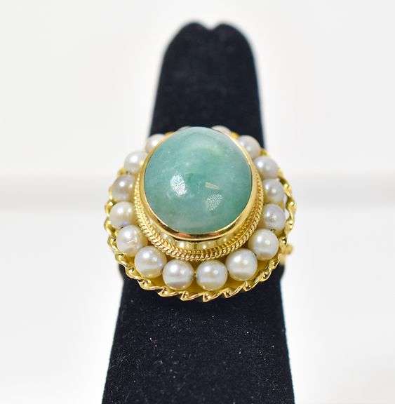 Amazing 14K and 18K Yellow Gold Jade Gemstone Ring with Pearl Accents
