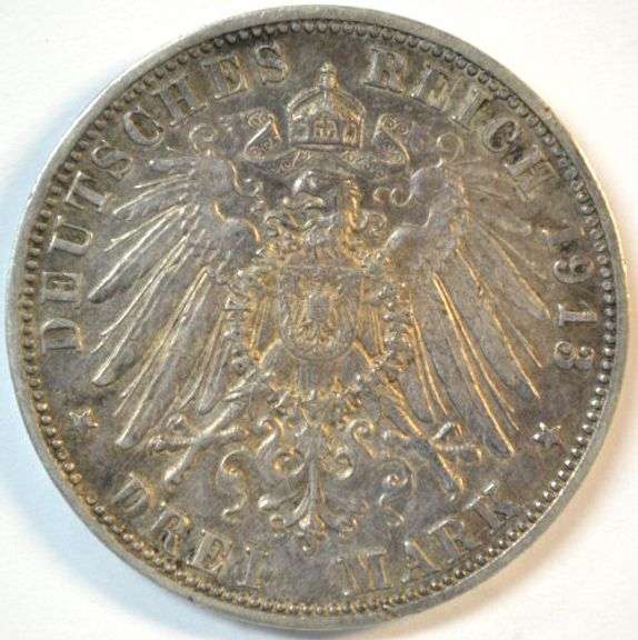 1913-D German States/Bavaria 3 Mark in Choice XF