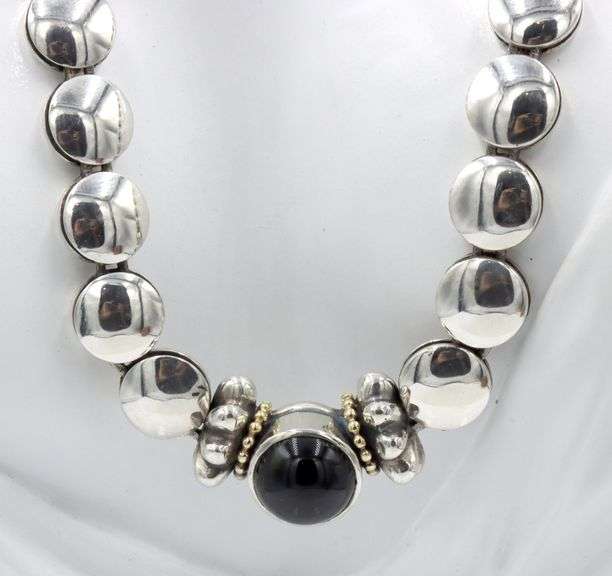 925 Sterling silver Lagos Caviar black onyx circle disk necklace