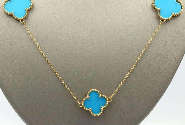 18kt Yellow gold Alhambra style Turquoise necklace
