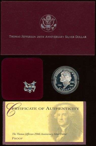 1993 Thomas Jefferson Proof Commemorative Silver Dollar w/Box and CoA