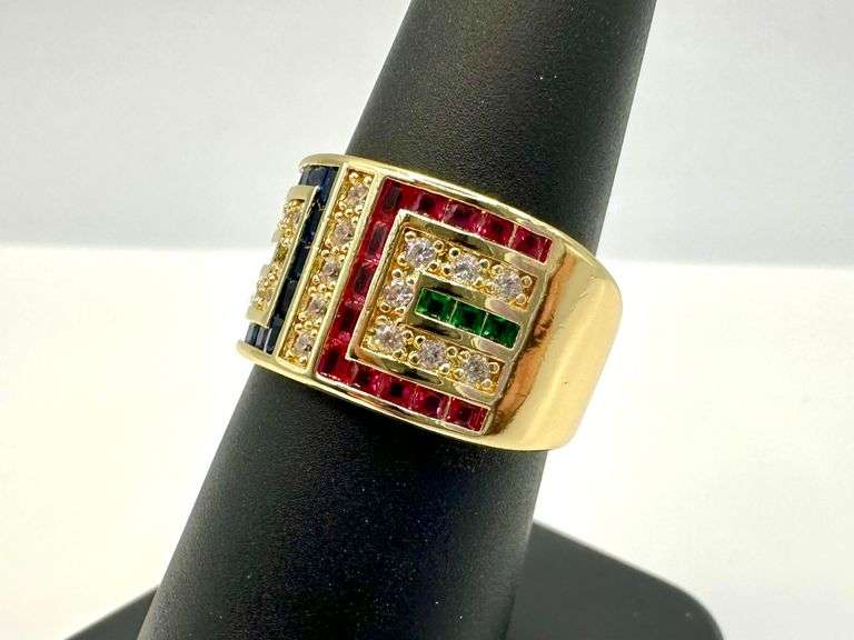 Sharp Deatiled 14 Kt Yellow Gold Plate 1.5 Ctw Simulated ,Ruby, Diamond,Emerald and Sapphire Ring