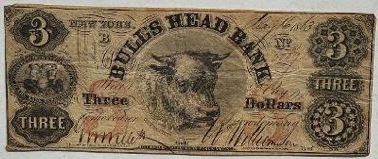 $3 Bulls Head Bank 1863 Obsolete Note