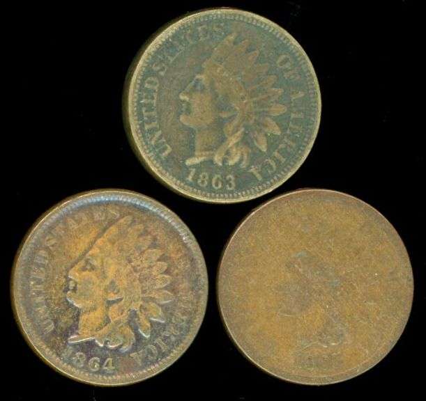 Run of 3 Early US Indian Head Cents: 1863-1865