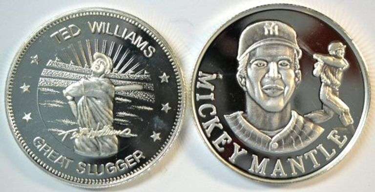 Ted Williams & Mickey Mantle pure .999 Fine 1 Troy Oz pure silver rounds