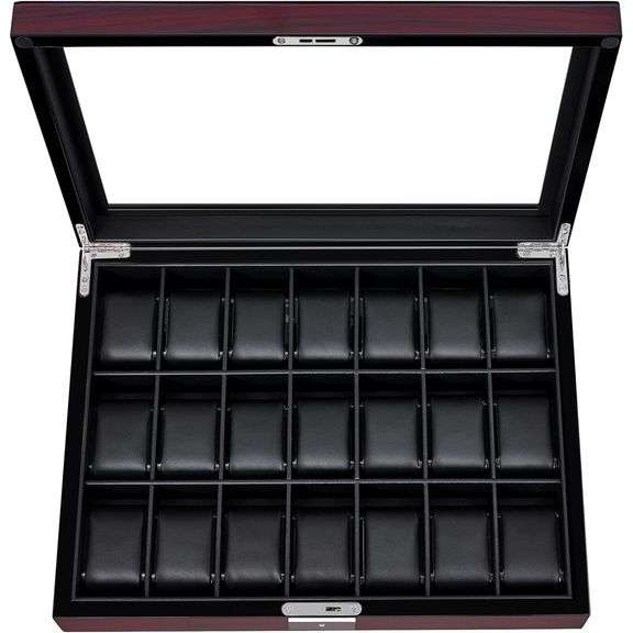 21 Slot Lockable Wooden Watch Display Case with Glass Lid