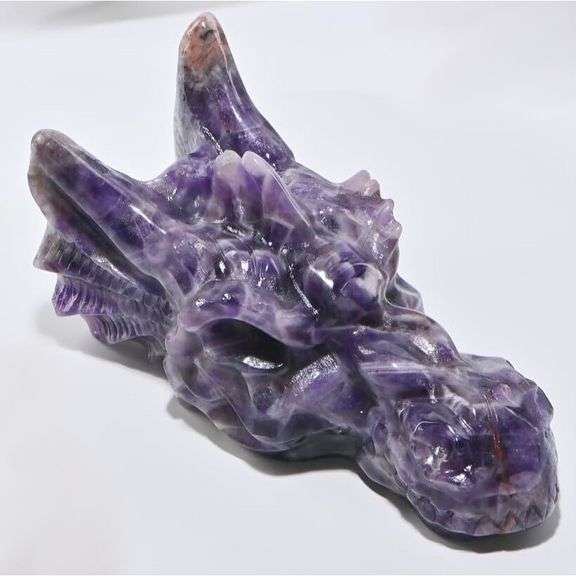Hand Carved Amethyst Dragon Crystal Skull