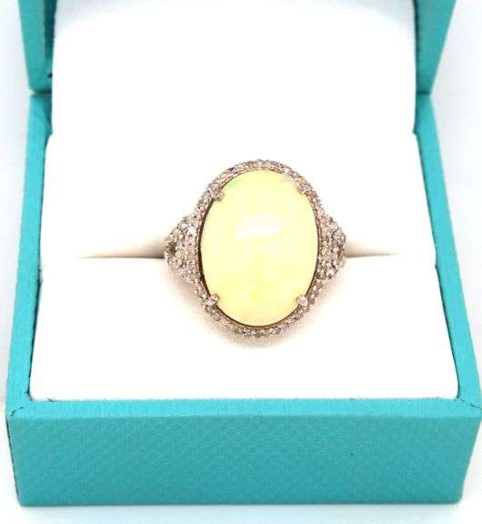Magnificent Very Large Ethiopian 7.42CTS Oval Cabochon-Cut Opal W/ Fire & Diamond Ring in Sterling S