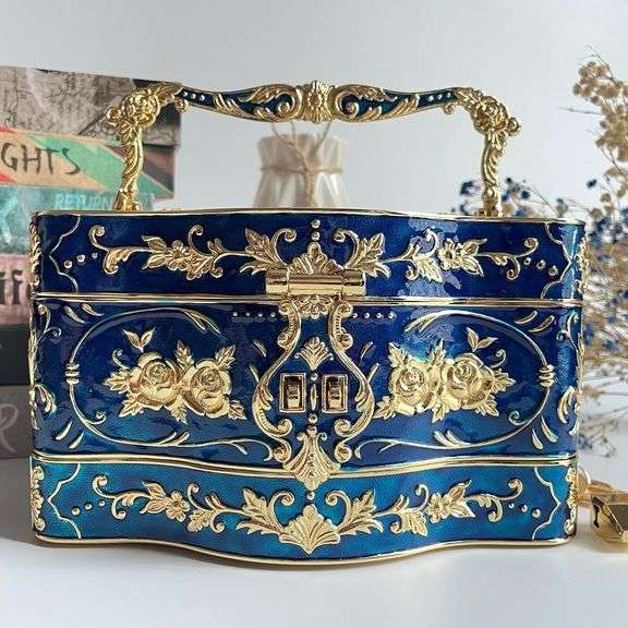 Blue and Gold Velvet Lined Trinket Metal Jewelry Chest
