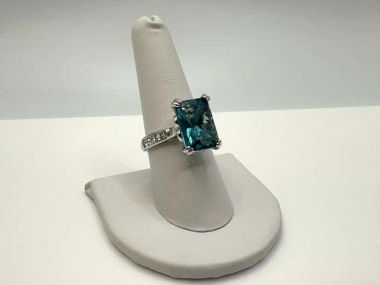 14 Kt White Gold Plate 6.5 Ct Simulated London Blue Topaz Ring