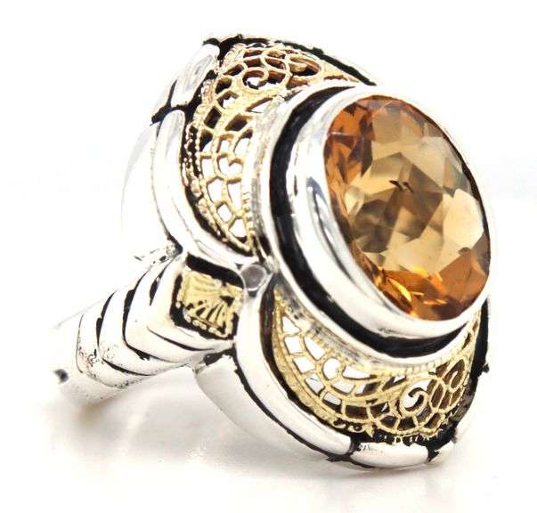 Bezel set oval Citrine open art Filigree cocktail ring