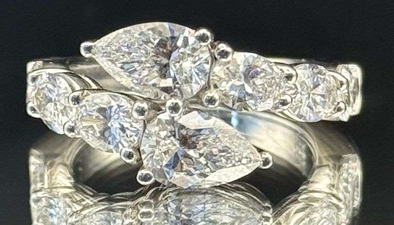 14K WHITE GOLD 3.45CTW PEAR & OVAL LAB GROWN DIAMOND RING
