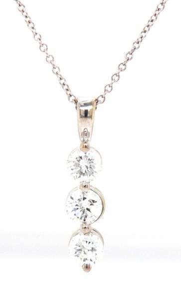 14kt White gold 1ctw three stone diamond pendant on chain