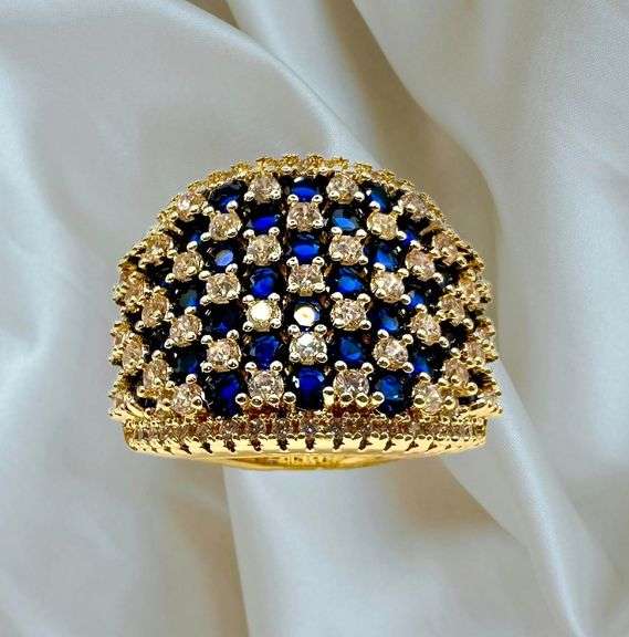 14 Kt Yellow Gold Plate 5.75 Cttw Simulated Diamond Midnight Blue Sapphire Ring