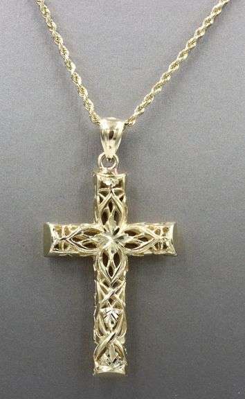 14kt Yellow gold diamond cut open art cross pendant on rope chain necklace