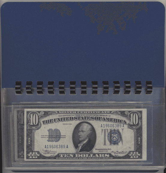 Collection of all 8 Small Size $10 Blue Seal Silver Certificates 1934 to 1953 in folio
