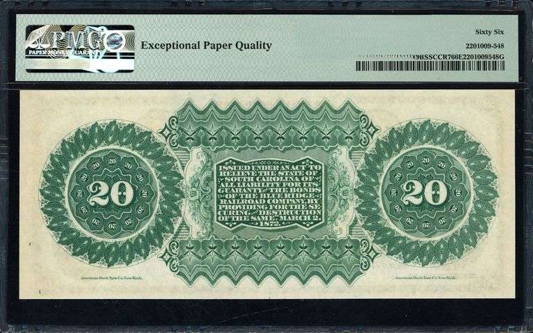 1872 $20 State of South Carolina Note Columbia Issue PMG Gem Uncirculated 66 EPQ