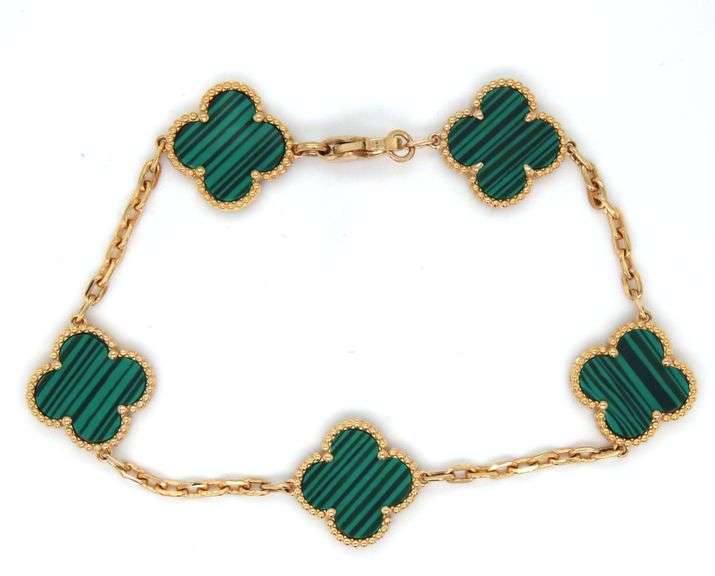 18kt Yellow gold Malechite 5 motif clover bracelet
