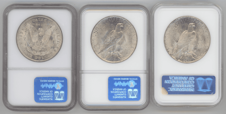 Near Gem BU 1921 Morgan & 1922 & 1923 Peace Silver Dollars. NGC MS64