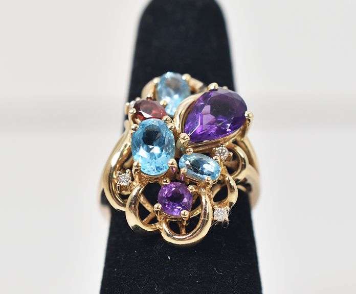 Adorable 14K Yellow Gold Mulit-Gemstone ring with Diamond Accents