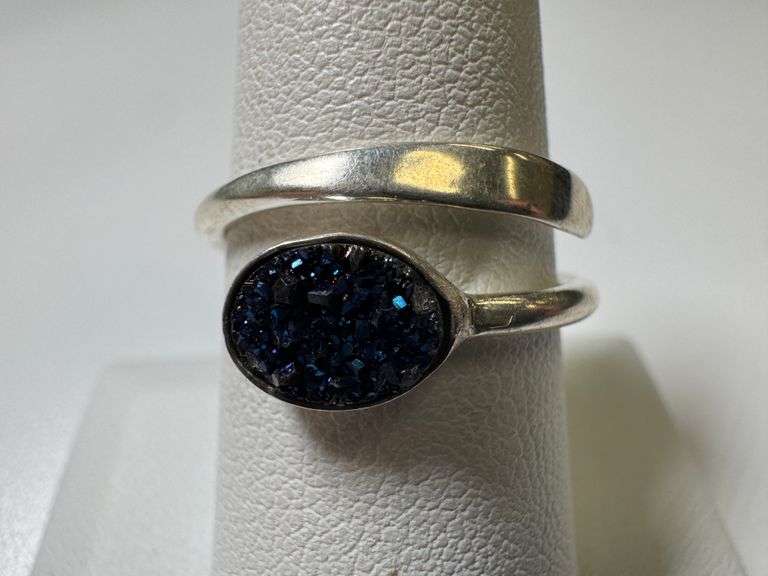Sterling Silver 925 Titanium Coated Druzy Agate Crystal Stone Ring Adjustable Spoon Band