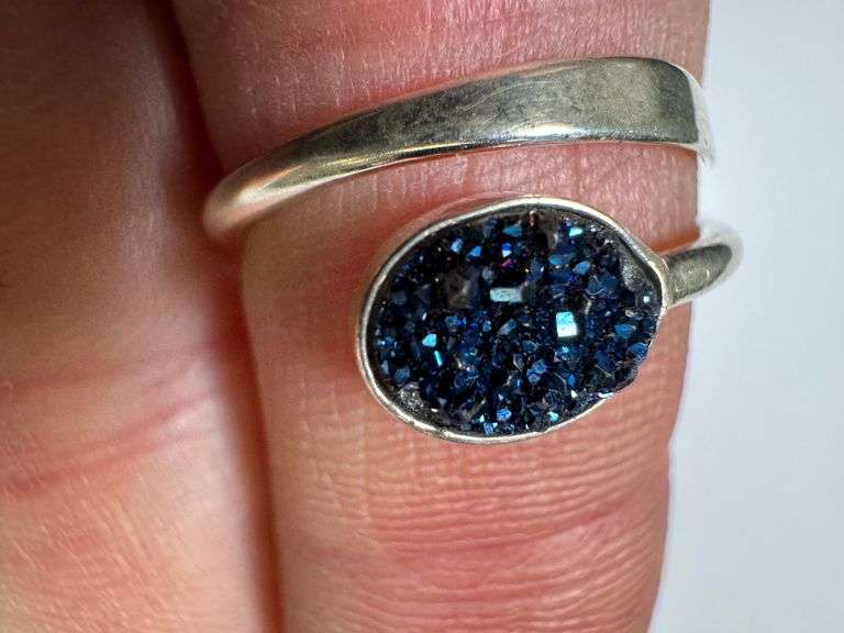 Sterling Silver 925 Titanium Coated Druzy Agate Crystal Stone Ring Adjustable Spoon Band