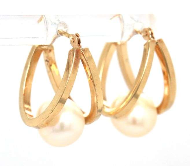 Sweet 14K YG Double Hoop Earrings with Pearls