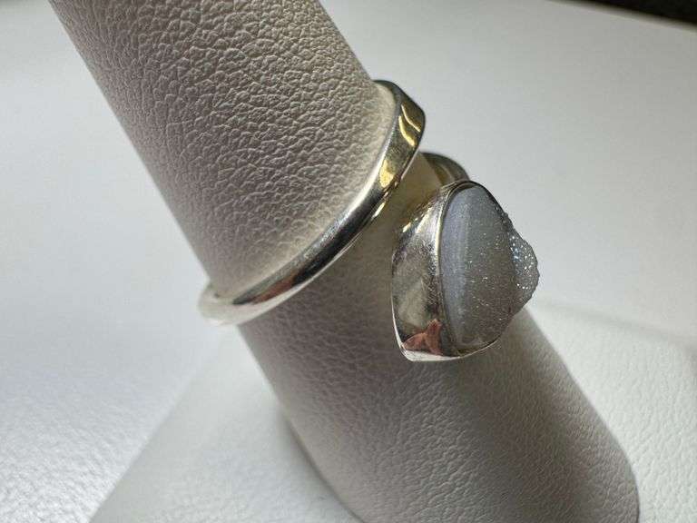Sterling Silver 925 Titanium Coated Druzy Agate Crystal Stone Ring Adjustable Spoon Band