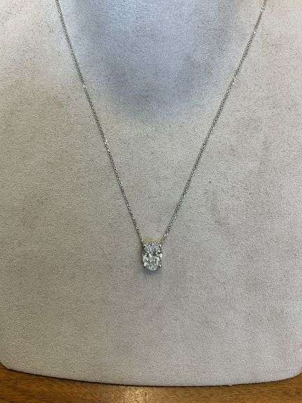 14K White Gold Oval Diamond Solitaire Pendant Necklacet