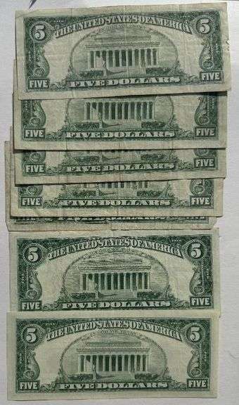 Seven 1953 Red Seal $2 US Notes.
