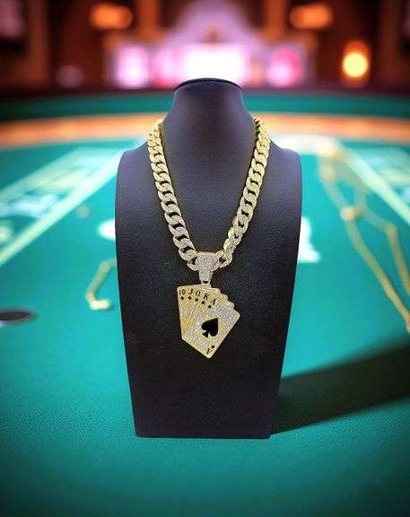 Huge 178 Gram 14 K Yellow Gold Plate Royal Flush Pendant Necklace