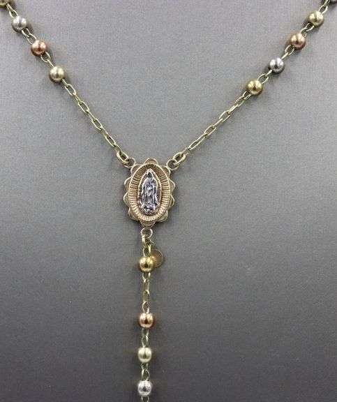14kt Tri color gold Rosary necklace with A initial