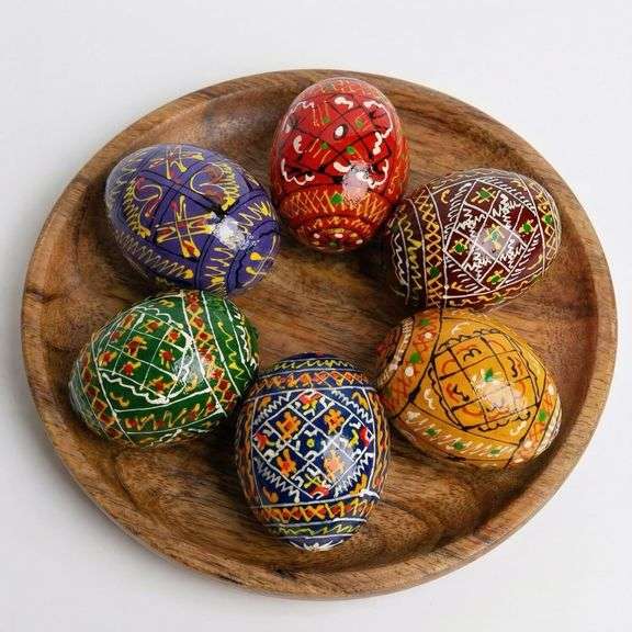 Lot of 6 Hand Painted Ukrainian Pysanka Wooden Eggs