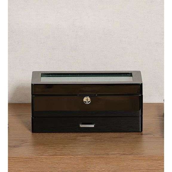 Piano Black Watch Display Case with Glass Lid & Valet Drawer
