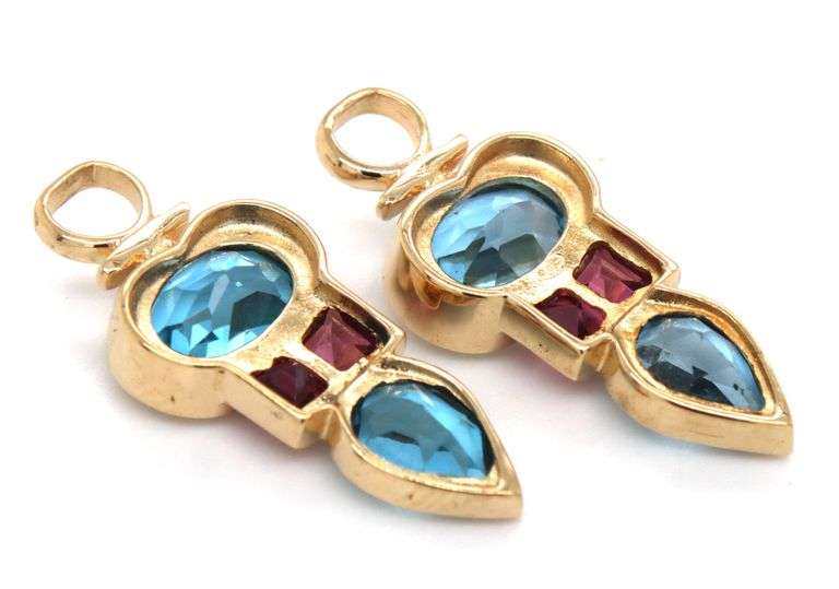 18kt Yellow gold blue topaz and garnet earring dangles
