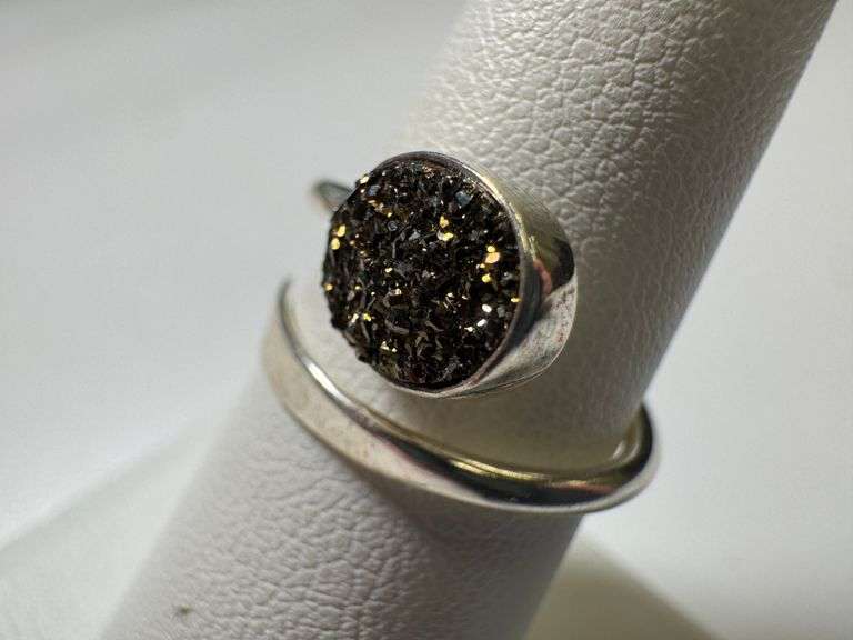 Sterling Silver 925 Titanium Coated Druzy Agate Crystal Stone Ring Adjustable Spoon Band