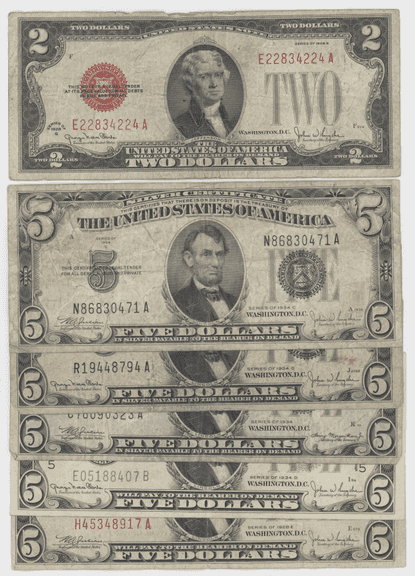 6 Assorted 1928 & 1934 Series $2 and $5 Small Size Notes in circ