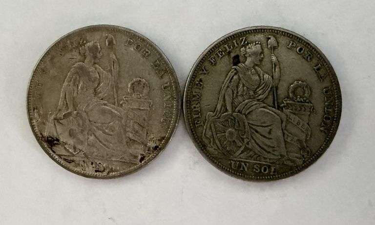 Set of 2 Peruvian Un Sol Silver Coins