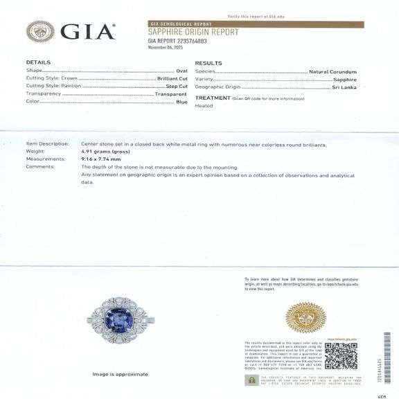 14K WHITE GOLD BLUE SRI LANKA SAPPHIRE AND DIAMOND RING 3.62 C.T.W.