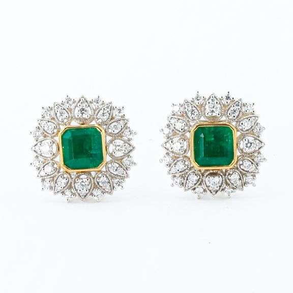 PLATINUM AND 18K YELLOW GOLD EMERALD AND DIAMOND AND EARRINGS 5.14 C.T.W.