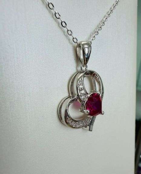 925 Sterling Silver Lab Grown Ruby Heart Pendant Necklace Love Mom Gift