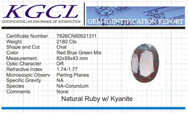 Huge Certified 2180 Ct Museum Size Natural Red Ruby Kyanite Solitaire