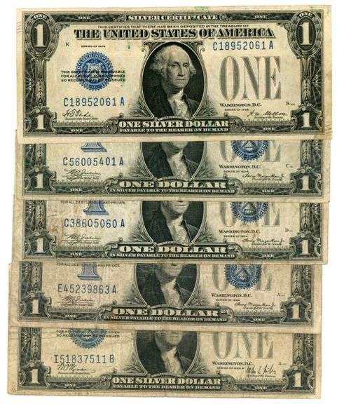 5 Small Size $1 Silver Certificates: 1928 and 4 1934