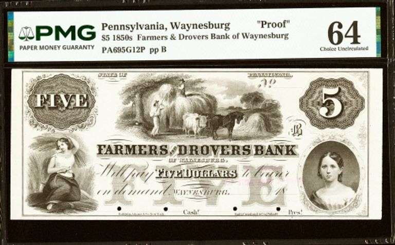 Superb Crisp 1850's $5 Proof Farmers & Drovers Bank Of Waynesburg PA PMG 64!