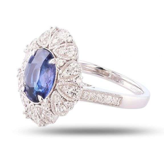 14K WHITE GOLD BLUE SRI LANKA SAPPHIRE AND DIAMOND RING 3.62 C.T.W.
